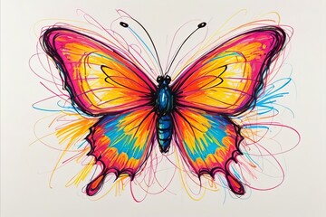 Butterfly scribbles in chaotic wax crayon colorful drawing style