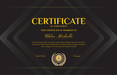 Elegant black and gold blue diploma certificate template with luxury badge and modern line pattern. For award, business, and education needs. Use for print, certificate, diploma, graduation