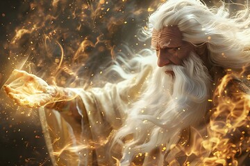 Fototapeta premium Wise and Benevolent White Wizard Casting a Powerful Protective Spell with Glowing Magical Energy