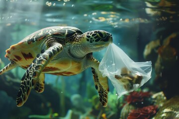 Sea turtle eating plastic bag under the sea, wildlife crisis