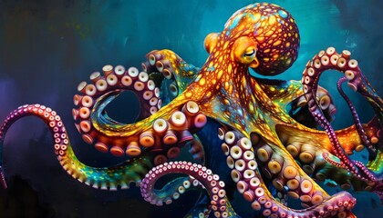 An abstract illustration of a colorful octopus isolated on a blue background