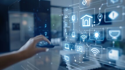 A sleek and modern commercial for a new home security system, demonstrating its features through various scenarios, such as monitoring, alerts, and remote access, with close-ups of the devices and a