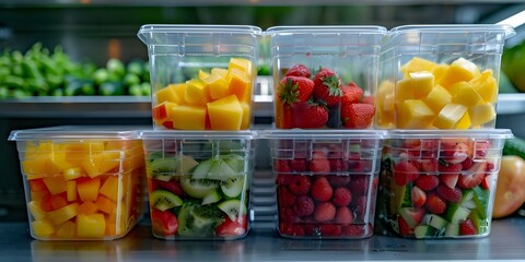 Illustration of plastic food containers for storing fresh produce. Concept Plastic Containers, Fresh Produce, Food Storage, Organized Kitchen