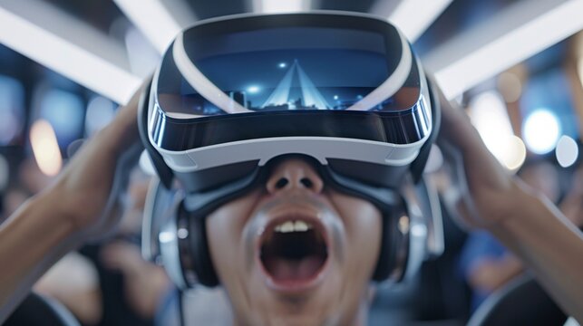 An immersive advertisement for a new virtual reality headset, demonstrating various VR experiences, from gaming to travel to educational content, with close-ups of the headset and users' reactions