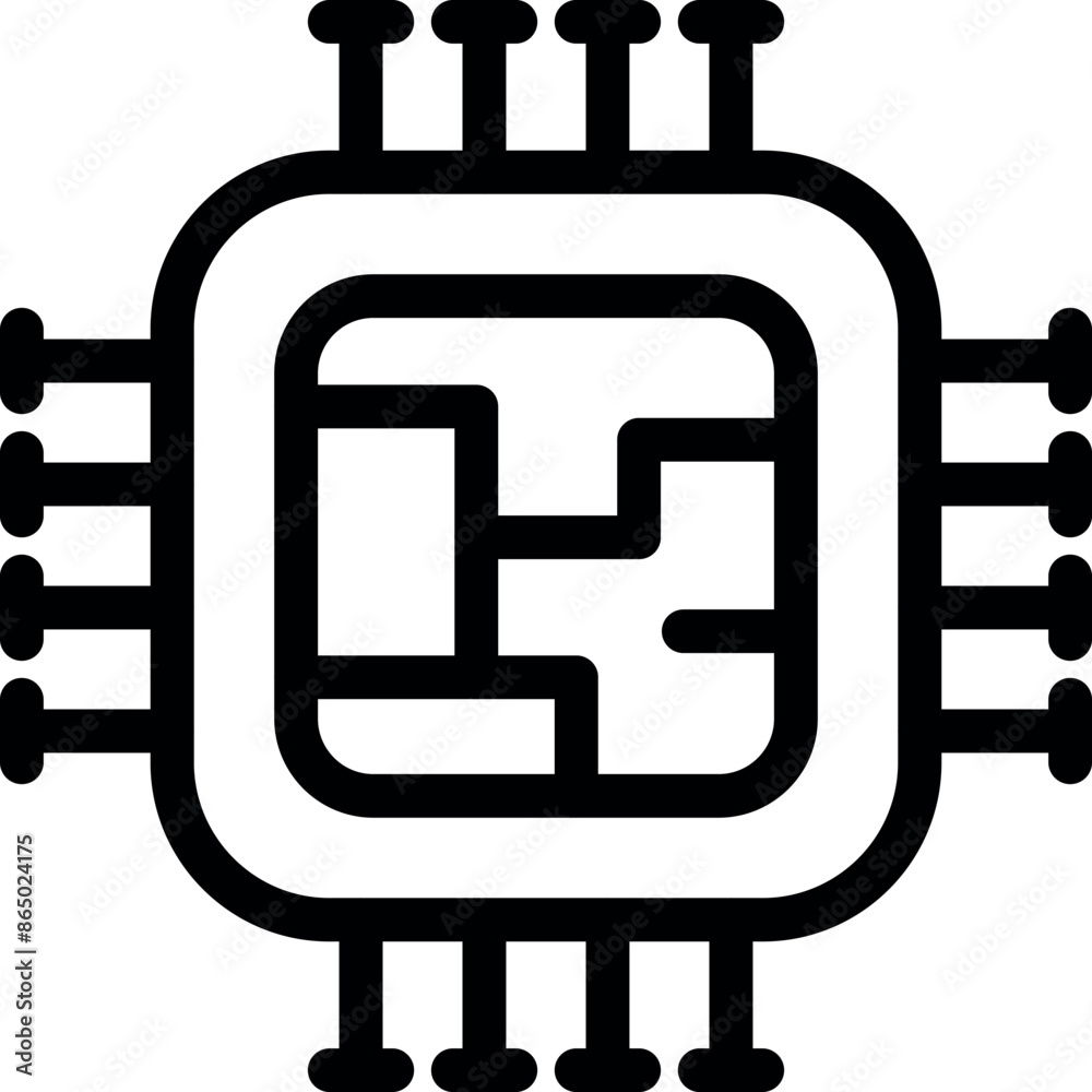 Poster line art style icon of a microchip, representing the concept of computer hardware and processing pow