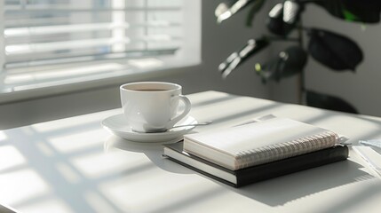 A well-lit office table with a stack of business books, a coffee cup, and an open notebook, with soft shadows and copy space on the table