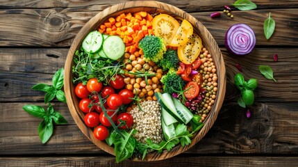 A top-down view of a beautifully arranged Buddha bowl with a variety of colorful vegetables, grains, and legumes on a rustic wooden table