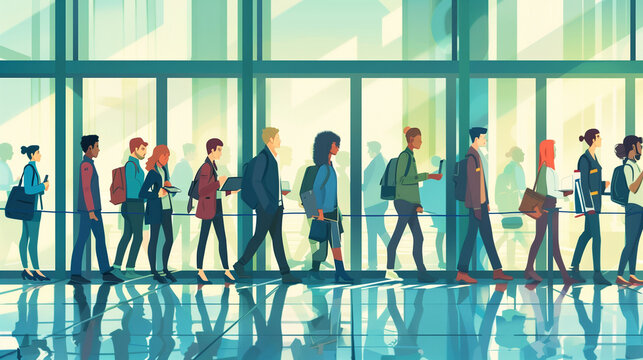 🚶‍♂️ People Lining Up for Job Opportunities | Crowds Awaiting Employment in a Busy Location 📄 Ideal for Career Fairs and Recruitment Events 