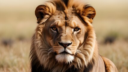 Fototapeta premium A clean PNG background with an isolated portrait of an African lion leo staring at the camera, depicting a king hunter in a savanna, and a nature concept