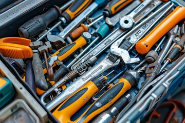 Fototapeta premium A tool box holding various tools for different purposes and tasks, A toolbox filled with a variety of tools, such as screwdrivers, hammers, and wrenches