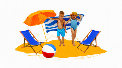 Poster. Contemporary art collage. Kids, one boy and one girl, share blue and white striped towel on beach. Abstract vibrant artwork. Concept of beach holidays, tourism, childhood, summertime. Ad