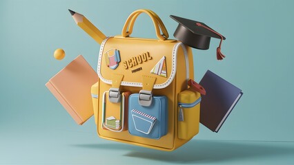 a yellow color children school bag with school cartoon elements on the bag 3d render illustration on pastel blue background. Back to school concept.