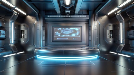 A futuristic 3D-rendered metallic podium with holographic projections, set in a sleek sci-fi studio, perfect for showcasing the latest VR headset