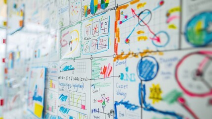 Naklejka premium A detailed shot of a whiteboard filled with flowcharts, diagrams, and business plans, representing strategic planning and project management