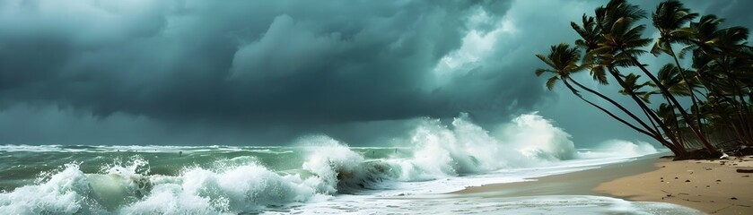 Fototapeta premium Dramatic Typhoon Striking a Tropical Island with Towering Waves and Swirling Clouds