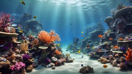 Underwater, a vibrant coral reef environment may be seen in the deep ocean, complete with animals and plants living in the seabed. Concept of marine life; underwater scene