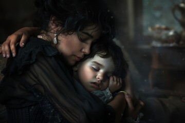 A woman lovingly embraces and holds her child in her arms, A touching scene of a mother caring for her son