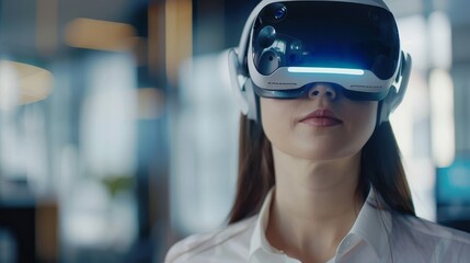 Businesswoman with VR headset in a professional setting, close-up showcasing the abstract concept of technology in business, with copy space available
