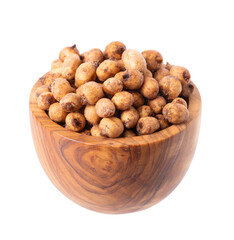 Tiger nuts in wooden bowl, isolated on white background. Pile of chufa nuts, earth almond or chufa sedge. Cyperus esculentus.