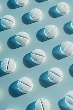 Comprim&eacute;s blancs align&eacute;s avec ombres nettes sur fond bleu