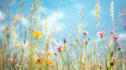 A beautiful image of wildflowers and grasses swaying in the summer breeze under a bright blue sky. Generative AI