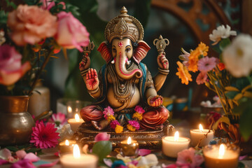 Fototapeta premium Colorful lord ganesha sclupture with lights and bokeh background
