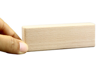 Wooden blocks, wooden toys, space for letters with hand isolated on white background.