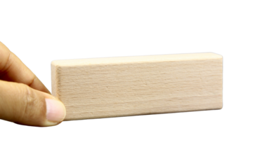 Wooden blocks, wooden toys, space for letters with hand isolated on white background.