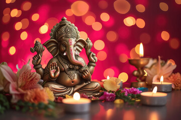 Fototapeta premium Colorful lord ganesha sclupture with lights and bokeh background