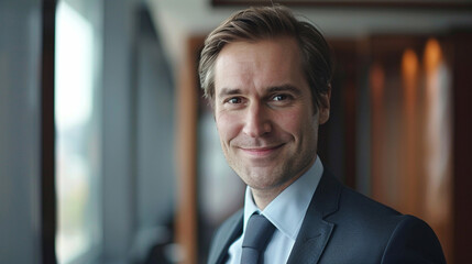 Fototapeta premium Confident portrait of businessman smilling in a suit in the office