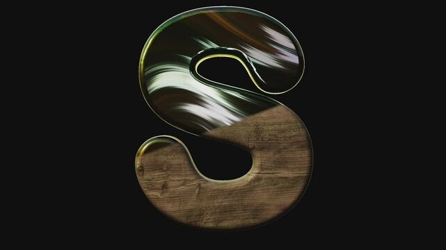 elegant letter S, transparent background, alpha channel, liqid, wood, bold, rounded, animated, loop