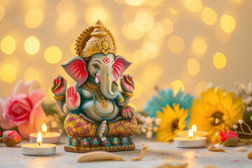 Obraz premium Colorful lord ganesha sclupture with lights and bokeh background