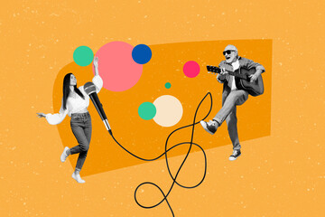 Creative invitation poster collage of people crowd dancing playing guitar and singing in microphone isolated on orange color background