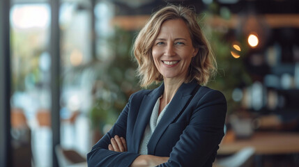 Naklejka premium Confident portrait of middle aged business woman smilling in a suit in the office
