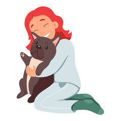 Happy girl hugging dog with love  illustration. Cartoon isolated person holding pug in hands to hug and care, young pet owner character and best friend domestic animal sitting together