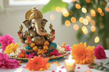 Fototapeta premium Colorful lord ganesha sclupture with lights and bokeh background