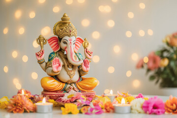 Fototapeta premium Colorful lord ganesha sclupture with lights and bokeh background