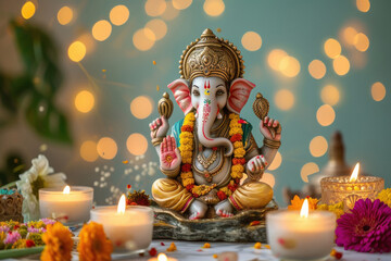 Colorful lord ganesha sclupture with lights and bokeh background