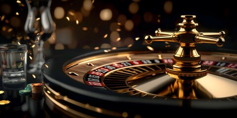  A close-up view of a luxurious casino roulette wheel with a black and gold design