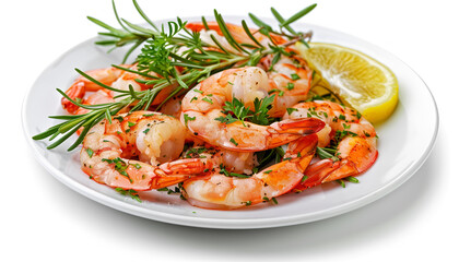 Fresh boiled prawns shrimp on plate on white background isolated