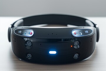 Fototapeta premium Close-up of a VR headset on a table, representing modern virtual reality technology and sleek design.