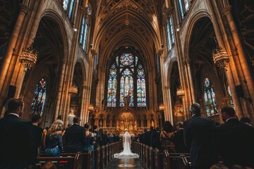 Obraz premium Bride and Groom Walking Down the Aisle of a Church, A traditional ceremony in a grand cathedral with ornate stained glass windows