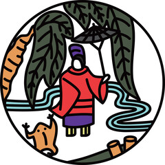 カラー円形シンプル花札　霜月　栃　11月　小野道風　栃に小野道風