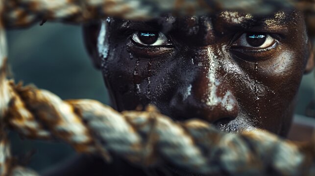 Detailed close-up of a courageous individual breaking through barriers, symbolizing the relentless pursuit of goals