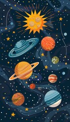 Colorful illustration of the solar system with planets and sun in space