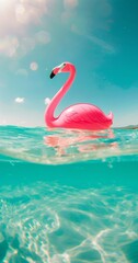 Bright pink inflatable flamingo float in crystal clear turquoise ocean water on a sunny day