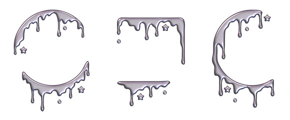 Liquid metal drops. Set of chrome round and square frame silhouettes.