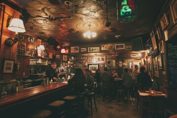 People socializing and enjoying drinks at a bar in a traditional Irish pub with live music, A traditional Irish pub with live music and dancing