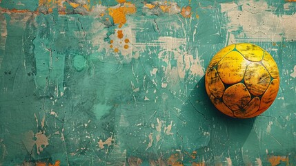 A weathered green wall with a colorful, hand-painted ball resting on it. The ball's intricate design adds a pop of color to the faded background.