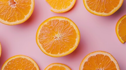Fototapeta premium Close-up of juicy orange slices on a pink surface